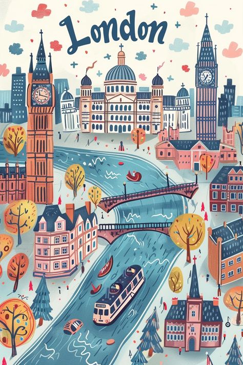 🎁🚀Travel Wall Art with Midjourney Prompts - Click the Link in my Bio🔗👈 London Illustration Wallpaper, Phone Wallpaper London, Big City Illustration, Travel Drawing Ideas, Drawing Of A City, England Illustration, London Illustration, City Illustration, Travel Illustration