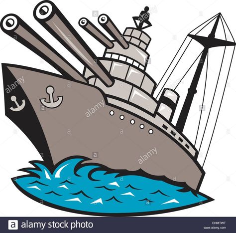 Download this stock vector: Illustration of a warship battleship boat ship with big guns viewed from a low angle cartoon style. - DNMTWT from Alamy's library of millions of high resolution stock photos, illustrations and vectors. Ship Clipart, Boat Cartoon, Felted Projects, Royal Navy Ships, Boat Drawing, Cartoon Ships, Free Vector Illustration, Ship Drawing, Low Angle