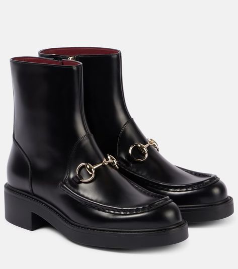 Horsebit leather ankle boots in black - Gucci | Mytheresa Gucci Boots, Mid Heels Pumps, Gucci Horsebit, Mid Heel Sandals, Designer Pumps, Ankle Boots Flat, Kitten Heel Pumps, Evening Shoes, Wedge Boots