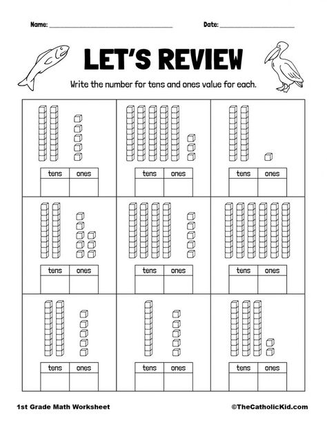 Tens and Ones Review - TheCatholicKid.com 1st Grade Tens And Ones Activities, How Many Tens And Ones Worksheet, Maths Tens And Ones Worksheet, Learning Tens And Ones, Ten And Ones Worksheet, Tens Ones Worksheet For Kg, Tens And Ones Worksheets First Grade, Tens And Ones Worksheet Grade 1, Tens And Ones Worksheet Kindergarten