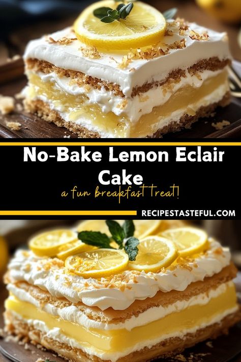 This No-Bake Lemon Eclair Cake is a refreshing and creamy dessert that's super easy to make. Layered with graham crackers, luscious lemon pudding, and topped with zesty lemon frosting, it’s the perfect treat for warm days and gatherings! No-bake Lemon Eclair Cake Recipe, Lemon Eclair Dessert, Gluten Free Lemon Desserts, Lemon Eclair, Graham Cracker Dessert, Eclairs Dessert, Eclair Cake Recipes, Cracker Dessert, Eclair Cake