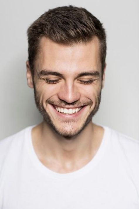 Man With Eyes Closed, Man Smiling Reference, People Smiling Aesthetic, Close Up Photography Face, Smiling Reference, Smiling Portrait Photography, Smile Reference, Male Smile, Skincare Campaign