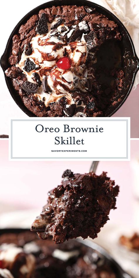 Ready in less than 45 minutes, this rich, impressive Oreo Skillet Brownie is perfect for sharing! Top with your favorite toppings, too! Skillet Brownie Recipe, Brownie Skillet, Blondie Recipes, Skillet Cookies, Homemade Brownie Mix, Skillet Brownie, Fabulous Desserts, Brownie Frosting, Iron Recipes