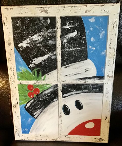 Peek-a-boo Snowman Acrylic on Canvas (Not an old window) By Jennie Window Snowman Painting, Snowman Canvas Art, Snowman Peeking In Window, Abstract Snowman Painting, Snowman Looking Up Painting, Rustic Snowman Painting, Snowman Faces, Snowman Crafts, Christmas Art