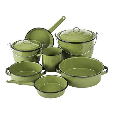 9PC HUASTECA COOKWARE SET | Linen Universe Huasteca - Piece Enamelware Cookware Set in Green | 9 | Wayfair Green Cookware, Copper Cookware Set, Funky Lamps, Enamel Cookware, Seasoning Cast Iron, Kitchen Mood Board, Copper Cookware, Cooking Pan, Enameled Cast Iron