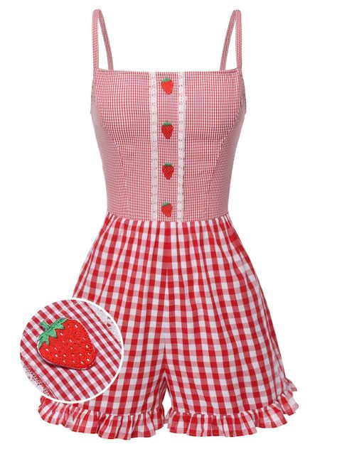 Vintage Aesthetic 50s, Strawberry Shortcake Inspired Outfit, Cherry Inspired Outfit, Berry Outfit, Red Pjs, Strawberry Shortcake Costume, Retro Clothes, Overalls Fashion, Strawberry Dress