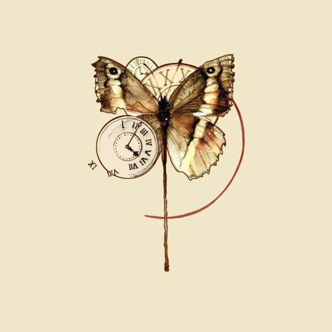 Clock And Butterfly Tattoo Design, Clock With Butterfly Tattoo, Butterfly And Clock Tattoo, Butterfly Clock Tattoo, Butterfly Concept, Hourglass Drawing, Butterfly Clock, Gear Drawing, Ink Tattoo Design