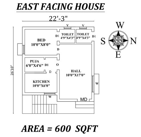 Autocad Drawing details of 22'x27' Single BHK East Facing House Plan As Per Vastu Shastra. The buildup area of this house is 600Sqft.Download Autocad Drawing Fi One Bhk Plan, 1bhk Layout, 20x30 House Plans East Facing, East Facing House Elevation G+1, 1 Bhk Plan, East Facing House Plan Vastu, 1bhk Plan, 1 Bhk House Plan, 1bhk House Plan