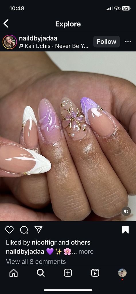 Lilac Nails Acrylic Design, Extra Purple Nails, Purple Transparent Nails, Purple And Lilac Nails, Sweet 16 Nails Acrylic Purple, Sweet 16 Acrylic Nails, Light Purple Nails With Butterflies, Purple Classy Nails, Purple Nails Hoco