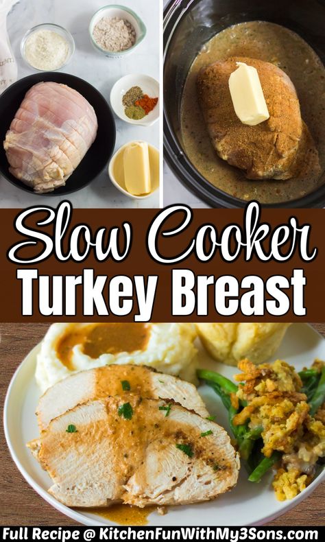 This Slow Cooker Turkey Breast recipe is moist, juicy turkey cooked and seasoned with brown gravy mix, seasoning, paprika, and pepper. Perfect for Thanksgiving or any easy weeknight dinner. Potato Side Dishes Easy, Turkey Breast Crockpot, Easy Thanksgiving Dinner, Turkey Crockpot Recipes, Turkey Seasoning, Butterball Turkey, Juicy Turkey, Slow Cooker Turkey Breast, Brown Gravy Mix