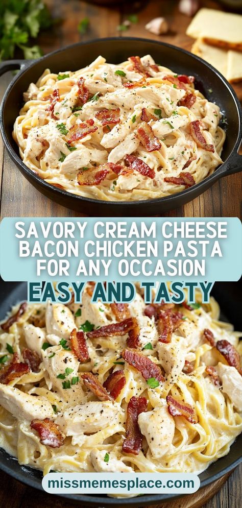 Elevate your dinner game with this savory Cream Cheese Bacon Chicken Pasta, a dish that brings comfort and satisfaction to any meal. The delightful combination of crispy bacon, tender chicken, and velvety cream cheese creates a rich sauce that perfectly coats your favorite pasta. Ideal for family gatherings, date nights, or weeknight dinners, this easy chicken pasta recipe is a true crowd-pleaser. Get ready to indulge in a creamy delight that will leave everyone asking for seconds! Pasta Bake Recipes With Cream Cheese, Easy Chicken And Cheese Recipes, Rotisserie Chicken Cream Cheese Recipes, Cream Cheese Chicken Pasta Crockpot, Chicken Pasta With Heavy Cream, Cream Cheese Chicken Pasta Recipes, Chicken Pasta Recipes With Cream Cheese, Easy Savory Meals, Pasta Recipes With Cream Of Chicken Soup