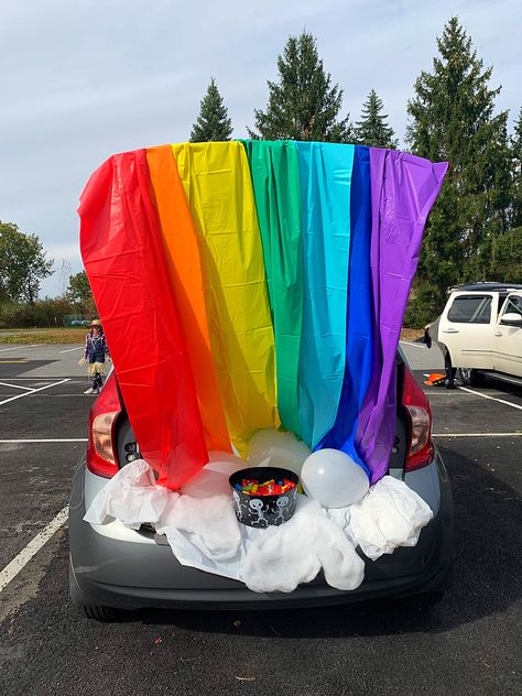 Trunk Or Treat Rainbow Ideas, Rainbow Trunk Or Treat Ideas, Rainbow Trunk Or Treat, Rainbow Shirts, Trunk Or Treat Ideas, Reading Rainbow, Holiday Costumes, Treat Ideas, Plastic Tablecloth