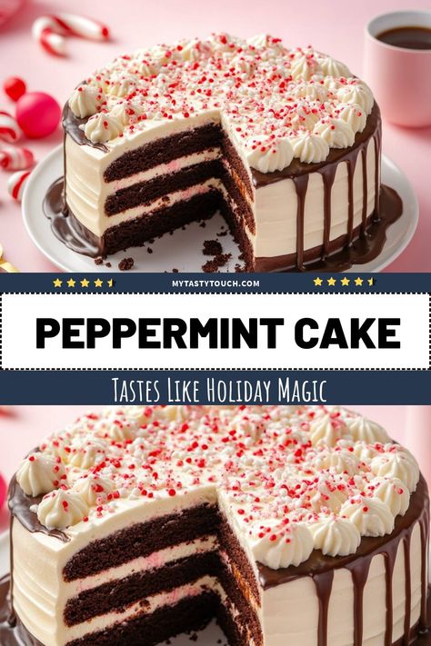 I've just baked this delightful Peppermint Cake that tastes like pure holiday magic! Layers of moist chocolate cake, creamy peppermint frosting, and a decadent chocolate drizzle come together for the perfect festive treat. It's not just a dessert; it's a celebration on a plate! Perfect for gatherings or a sweet holiday indulgence. Peppermint Filling For Cake, Chocolate Cake Peppermint Frosting, Chocolate Peppermint Cake Recipe, Peppermint Fudge Cake, Peppermint Christmas Cake, Peppermint Mocha Cake, Peppermint Chocolate Cake, Hot Chocolate Cake Recipe, Peppermint Frosting