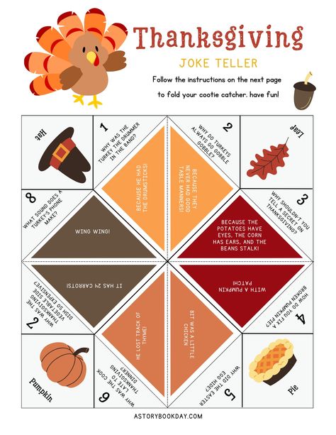 Free Printable Thanksgiving Cootie Catcher (Joke Teller) Thanksgiving Cootie Catcher Printable, Thanksgiving Cootie Catcher, Free Printable Thanksgiving Games, Turkey Printable, Thanksgiving Printables Free Kids, Thanksgiving Printables Free, Cootie Catcher Template, Turkey Jokes, Thanksgiving Cards Printable