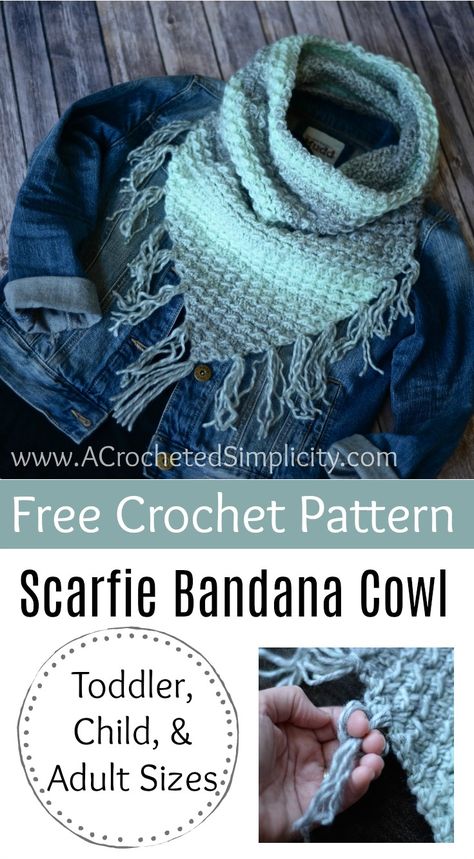 Free Crochet Pattern - Scarfie Bandana Cowl by A Crocheted Simplicity Bandana Cowl, Scarfie Yarn, One Skein Crochet, Knitted Patterns, Crochet Scarfs, Crochet Bandana, Crocheting Projects, Crochet Cowl Pattern, Crochet Geek