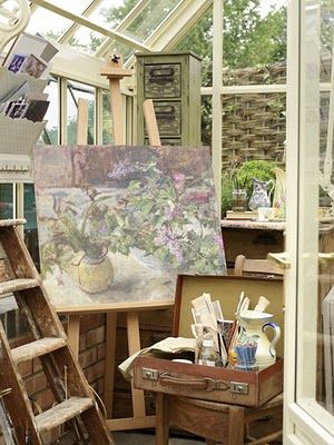 This 'could' be part of the conservatory. Art is so personal and to some, like me, it's relaxing..................... Artsy Bedroom, Studio Aesthetic, Art Studio Space, Art Studio At Home, Dream Studio, Organic Farm, My Art Studio, Painting Studio, Art Space