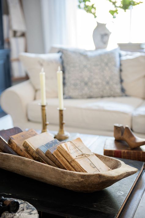 Dough Bowl On Coffee Table, Decorating With Bread Bowls, Vintage Dough Bowl Decorating Ideas, Simple Dough Bowl Decor, Small Dough Bowl Decor, Styling A Dough Bowl, Dough Bowl Decorating Ideas, Bread Bowl Decor, Christmas Dough Bowl Decorating Ideas