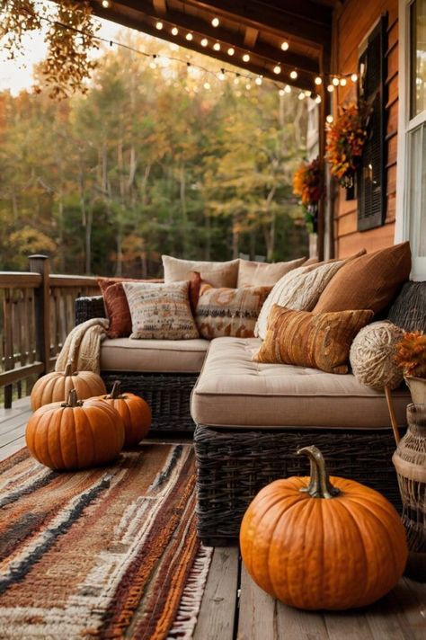 25+ Inspiring Fall Porch Ideas to Make Your Entryway Pop Curated Living Spaces Cozy autumn porch with pumpkins, cushioned seating, fall décor, and string lights against a woodland backdrop. | Sky Rye Design Fall Outdoor Space, Woodland Backdrop, Fall Patio Decor, Fall Porch Ideas, Fall Porches, Fall Patio, Patio Railing, Colorado Fall, Fall Bedding