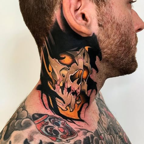 Neo Traditional Neck Tattoo Men, Neotraditional Neck Tattoo, Neck Tattoo Color, Draugr Tattoo, Jessica Rabbit Tattoo, Black Red Tattoo, American Style Tattoo, Rose Neck Tattoo, Full Neck Tattoos