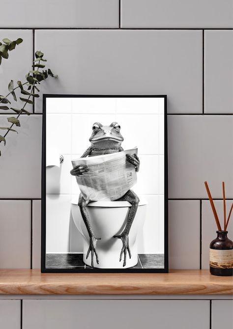 Frog Sitting on the Toilet Reading a Newspaper, Funny Bathroom Humor, Wall Decor, Funny Animal Print, Home Printables, AI Digital Prints Coquette Highlight Covers, Coquette Twitter Header, Toilet Drawing, Home Printables, Sustainable Living Room, Coquette Heart, Toilet Pictures, Reading A Newspaper, Bathroom Decor Pictures