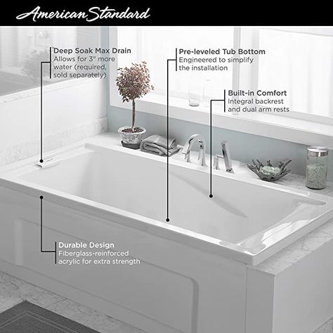 American Standard 2422V002.020 Evolution 5 ft. x 32 in. Deep Soaking Tub with Reversible Drain, White - Drop In Bathtubs - AmazonSmile Drop In Tub Ideas, Drop In Tub, Drop In Bathtub, Deep Soaking Tub, Tub Ideas, Bathtub Drain, Tub Doors, Soaker Tub, Garden Tub