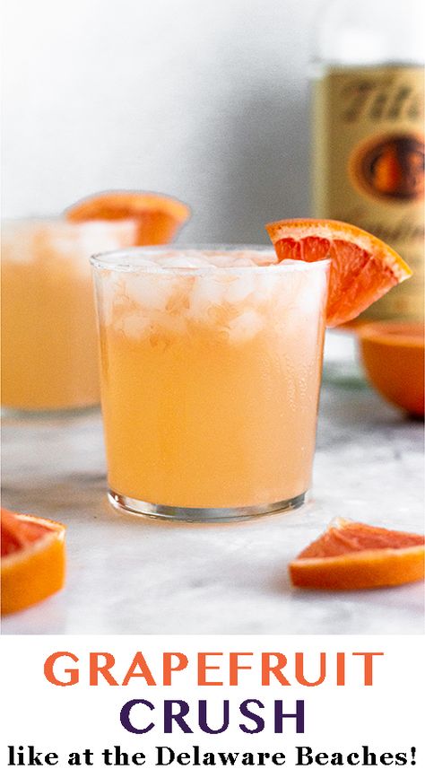 Light and refreshing grapefruit crush recipe using only 4 ingredients for an easy grapefruit vodka cocktail! Just like an orange crush, but made with grapefruit juice. Easy to make and like you are sipping one at the bars on the Delaware Beaches but for a lot cheaper at home! Grapefruit Crush Recipe, Grapefruit Crush, Grapefruit Cocktail Recipes, Grapefruit Drink, Easy Summer Cocktail Recipes, Grapefruit Vodka, Best Mixed Drinks, Grapefruit Cocktail, Cocktail Drinks Alcoholic