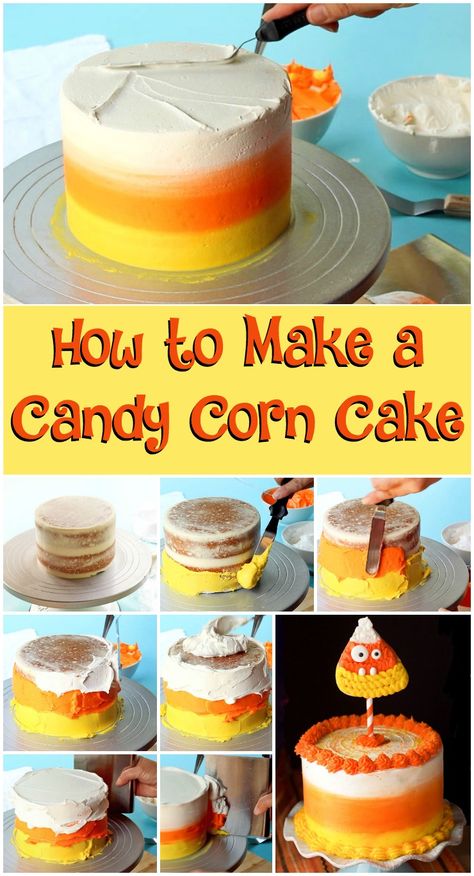 How to Make a Fun Candy Corn Cake | The Bearfoot Baker    #bearfootbaker #edibleart #candycorncake #cakevideos #halloweencakes #candycorn #cakedecorating #cutecakes #candy #buttercream #frosting Rice Krispie Treats Cake, Candy Corn Desserts, Crumb Coating A Cake, Candy Corn Cake, Candy Corn Recipe, Halloween Rice Krispie Treats, Easy Bundt Cake Recipes, Candy Corn Cookies, Easy Bundt Cake