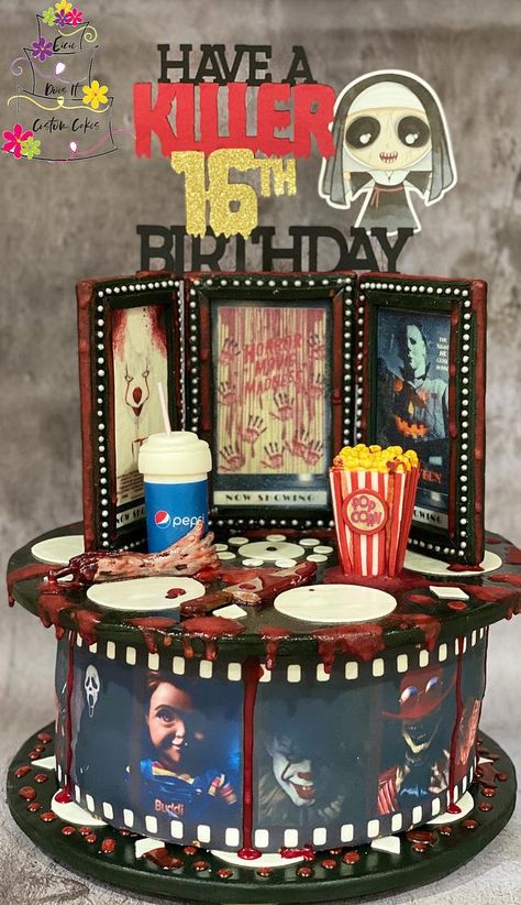 Sweet 16 birthday cake for a horror movie fan who’s birthday is also close to Halloween. Cake is wasc with almond vanilla buttercream. Decorations are made with fondant & edible images. Film reel pieces are mdf boards. “Killer Birthday” topper... Scary Movie Cakes, Horror Themed Cake, Halloween Sweet 16, Scary Halloween Cakes, Horror Cake, Horror Themed Party, Scary Cakes, Halloween Birthday Cakes, Movie Cakes