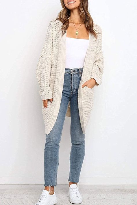 Women's Long Batwing Sleeve Open Front Chunky Cable Knit Cardigan Sweater Casual Outerwear with Pockets Look Kimono, Chunky Cable Knit Cardigan, Knit Sweater Coat, Cardigan Outfit, Beige Outfit, Pocket Sweater, Longline Cardigan, Cardigan With Pockets, Cozy Knit Sweater