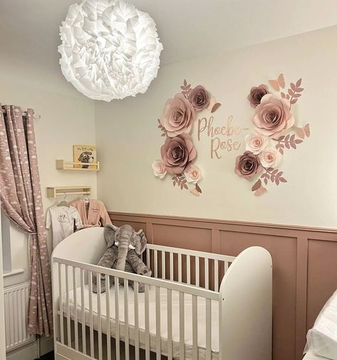 Phoebe - Rose's Mummy is now waiting patiently for her arrival! 💝🤰 Seeing the nursery complete is so exciting and it connects you emotionally to your new baby!! 💕 Paper Flower Decor was a must for this mama and I'm so greatful to have been sent this photo 😍🌸 Her nursery looks amazing! 🤩 These displays are not on my website yet but feel free to message me for info! 🙂 . . . . . #babygirldecor #babygirlnursery #paperflowers #paperflowerdecor #girlsdecor #paperflowerarrangement #wallflowers #fl... Mauve And Cream Nursery, Burgundy And Pink Nursery, Half Accent Wall, Nursery Mauve, Cream Nursery, Nursery Accent Wall, Paper Flower Arrangements, Rose Nursery