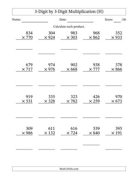 The Multiplying 3-Digit by 3-Digit Numbers (H) Math Worksheet Multiplication 3 Digits By 3 Digits, Three Digit Multiplication Worksheets, 3 Digit Multiplication Worksheets, Aa Worksheets, Long Multiplication Worksheets, Multiplying Fractions Worksheets, Long Multiplication, Decimal Multiplication, Money Math Worksheets