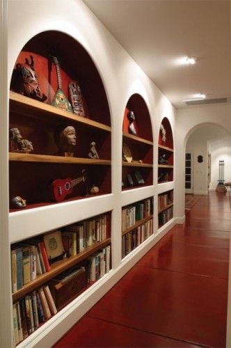 Hallway Upstairs, Arched Bookcase, Spanish Style Home Interior, Wooden Arches, Recessed Shelves, House Flipping, Spanish Mediterranean, Ice House, Showroom Interior Design