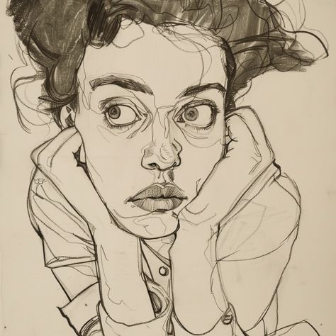 Drew self portraits as if Egon Schiele had drawn me👀 Portrait Drawing Abstract, Line Self Portrait, Egon Schiele Drawings, Schiele Egon, Self Portrait Drawing, Animal Line Drawings, Portrait Collage, Casual Art, Self Portraits