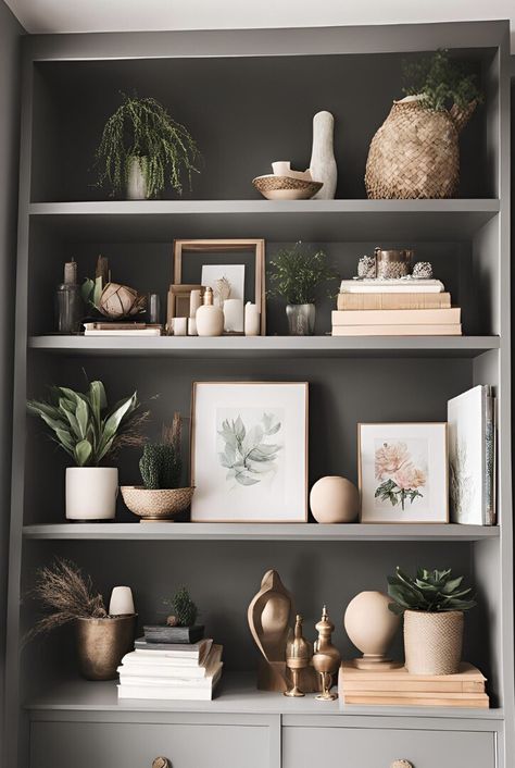 Decorate Shelves In Living Room, Shelf Styling Living Room, Bookshelves Display, Earthy Interior, Interior 2024, Bookcase Ideas, Decor Shelves, Uk House, Shelf Decor Living Room