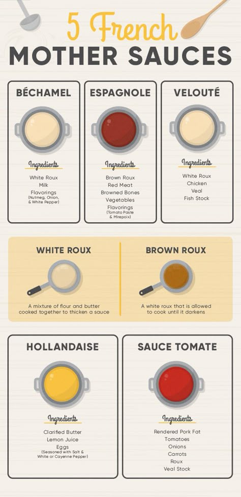 5 Mother Sauces from French Cuisine | KaTom Blog French Mother Sauces, 5 Mother Sauces, Five Mother Sauces, Mother Sauces, Culinary Basics, Types Of Sauces, French Sauces, Chicken Milk, Culinary Cooking