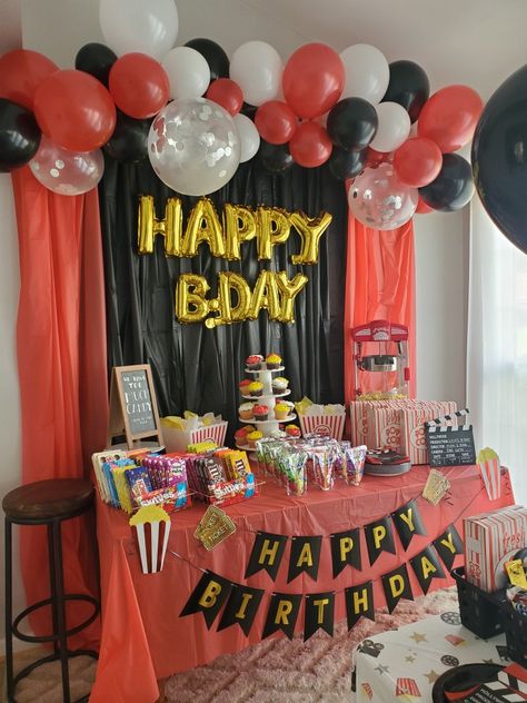 Movie night birthday party Birthday Party At The Movie Theater, Movie Star Birthday Party, Indoor Movie Night Party, Outside Movie Night Party, Movie Night Birthday Party Ideas, Birthday Movie Night, Movie Theme Birthday Party, Birthday Party Menu, Movie Night Birthday