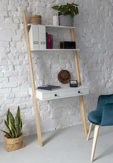 Ladder Shelf Desk, Small Room Desk, Leaning Ladder Desk, Small Space Inspiration, Floating Bedside Table, Ladder Desk, Space Saving Desk, Reclaimed Wood Desk, Traditional Desk