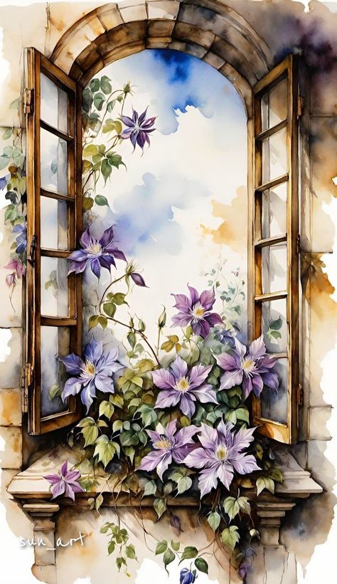 Window Watercolor, Greece Painting, Clip Art Frames Borders, Window Mural, Window Doors, Fall Clip Art, Window Drawing, Decoupage Papers, Watercolor Architecture