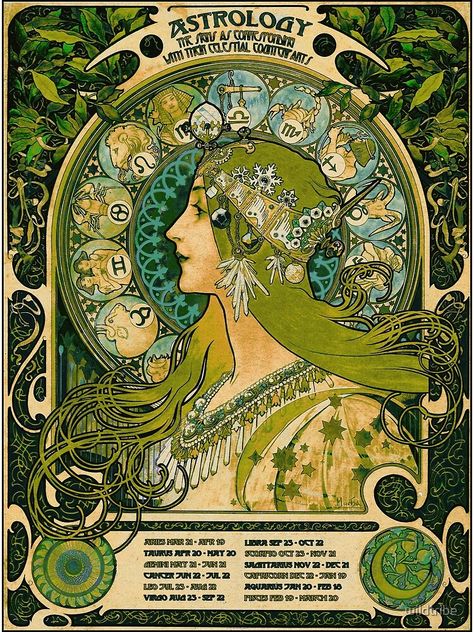 Vintage Astrology, Astrology Poster, Alphonse Mucha Art, Mucha Art, Art Nouveau Poster, Poster Wall Decor, Alphonse Mucha, Vintage Poster Art, Green Vintage