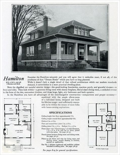 1920 Bennett Homes: The Hamilton - The Hamilton home model shown in the 1920 Bennett catalog has 1008 sq. ft. on the main floor with an additional 500+ on the second. It's a bungalow with a hipped roof and front dormer, battered columns on the wide front porch, and a relatively open floor plan typical of homes of the 1920s. Hip Roof With Dormers, Hip Roof Dormer Addition, Hip Roof Bungalow, Hip Roof Dormer, Hip Dormer, Hip Roof Addition, Inset Balcony, 1920 Bungalow Remodel, Bennett Homes