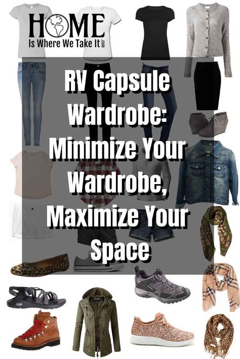 Great idea...using a capsule wardrobe to move into an RV...RV capsule wardrobe! Includes tips on downsizing current wardrobe. #homeiswherewetakeit #rvliving Trailer Life, Travel Capsule, Travel Capsule Wardrobe, Camper Living, Minimalist Capsule Wardrobe, Capsule Outfits, Camping Outfits, Rv Stuff, Minimalist Wardrobe