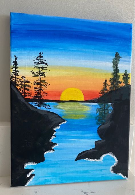 Acrylic Painting Ideas On Canvas Creative Home Decor, Pejzazi Art Easy, Sunset Landscape Painting Easy, Easy Paintings Sunset, Cool And Warm Color Painting, Painting Scenery Landscapes, Sunrise Painting Acrylic, Painting Ideas Sunset, Paintings Sunset