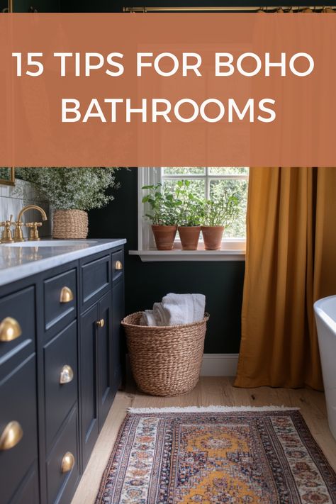 Get the perfect boho bathroom with these decor tips and design ideas. Navy Blue Boho Bathroom, Blue Boho Bathroom Ideas, Boho Bathrooms Bohemian, Dark Teal Bathroom Decor, Terracotta And Black Bathroom, Boho Blue Bathroom, Vintage Boho Bathroom, Bold Bathroom Ideas, Burnt Orange Bathroom