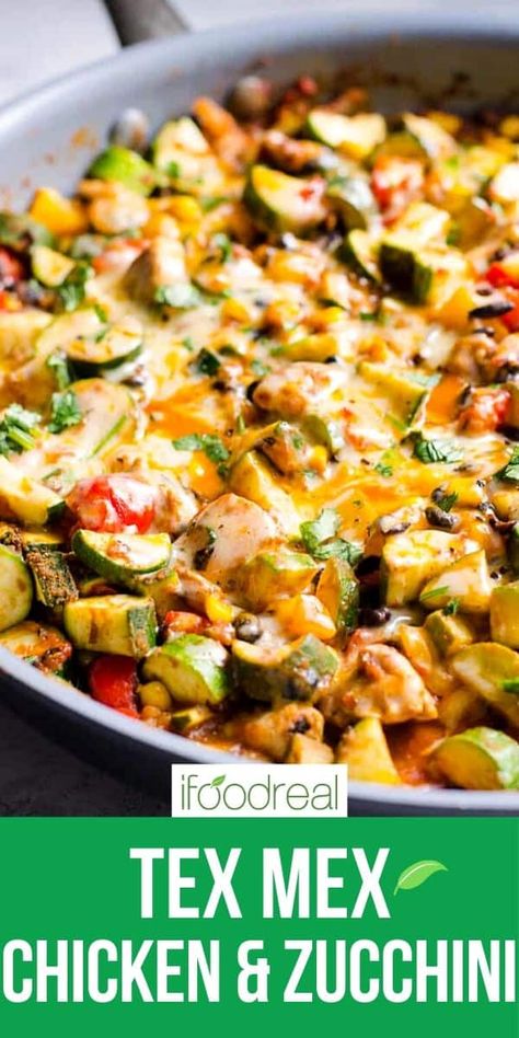 Tex Mex Chicken and Zucchini recipe cooked in one skillet with black beans, corn, fresh herbs, taco seasoning and melted cheese on top. One pan, low carb and 30 minute dinner. Chicken And Zucchini, Tex Mex Chicken, Cholesterol Recipes, Zucchini Casserole, Zucchini Recipe, Chicken Zucchini, One Skillet, Mexican Chicken, Pan Meals