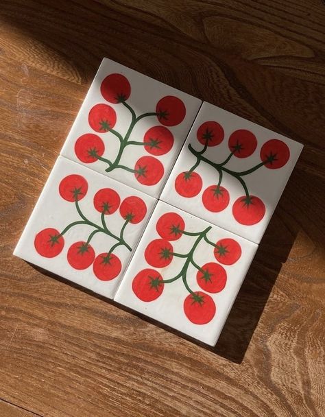 Hal Haines Studio 'tomato’ ceramic tiles Diy Hand Painted Tiles, Tomato Ceramic, Paint Pottery, Pottery Decor, Ceramic Accessory, Gouache Illustrations, Diy Ceramic, Hand Painted Tiles, Tile Projects