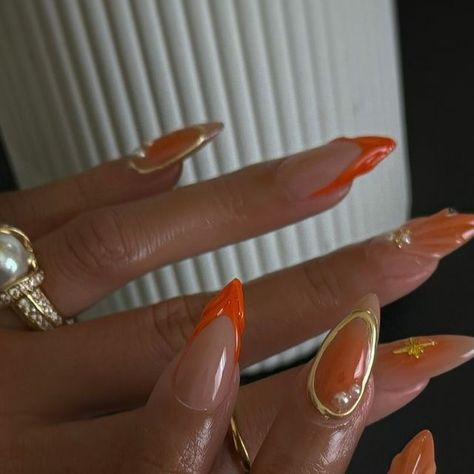 Orang And Gold Nails, Fire Inspired Nails, Orange Nails Simple, Gold Orange Nails, Gold And Orange Nails, Tulum Nails, Orange Gold Nails, Leo Season Nails, Summer Gel X Nails