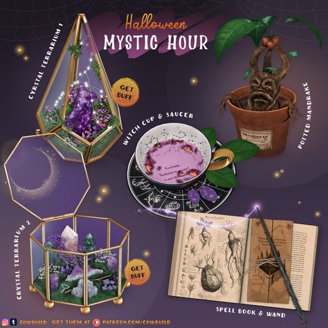 October 2023 Set (1) - Halloween Mystic Hour | Patreon Sims 4 Witch Patreon, The Sims 4 Cc Crystals, Sims 4 Cc Witchcraft, Sims 4 Ceiling Decor Cc, Sims 4 Witch Decor Cc, Magical Sims 4 Cc, Ts4 Crystal Cc, Sims 4 Cc Terrarium, Sims 4 Witches Cc