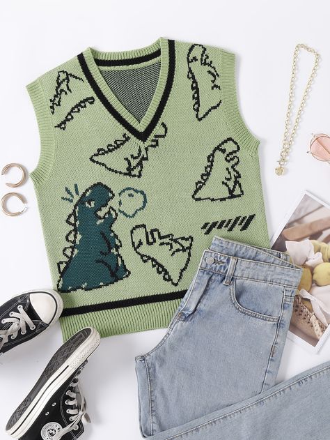 Dinosaur Pattern Rib-knit Top Dinosaur Clothes, Knitted Sweater Vest, Silly Clothes, Dinosaur Outfit, Crochet Dinosaur, Sweater Vests, Rib Knit Top, Dinosaur Pattern, Sweater Vest Women