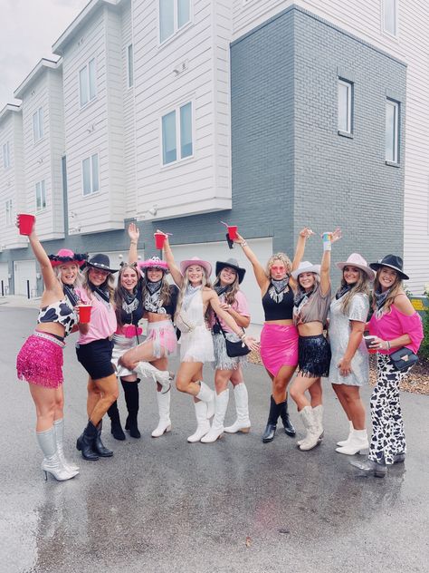 Cowgirl Bach Party Outfit, Hens Party Outfit Ideas, Bachlorette Party Cowgirl Theme, Nashville Disco Cowgirl, Matching Shirts For Bachelorette Party, Disco Cowgirl Party Outfit Ideas, Disco Cowgirl Nashville Bachelorette, Bacholerette Party Outfits Nashville, Bridesmaid Cowgirl Outfit