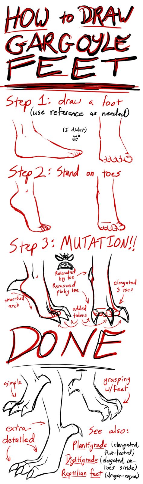 Gargoyle Feet TUTORIAL by DragonsLover1.deviantart.com on @DeviantArt Monster Feet Drawing Reference, Monster Feet Drawing, Gargoyle Pose, Gargoyle Reference, Gargoyle Oc, Gargoyle Drawing, Improve Drawings, Feet Drawing, Drawing Help